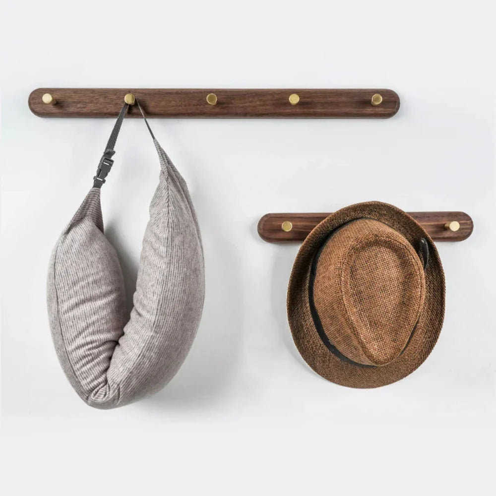 Wall Coat Rack Natural Wood & Solid Brass Hooks