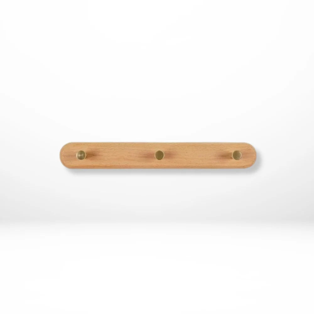 Wall Coat Rack Natural Wood & Solid Brass Hooks