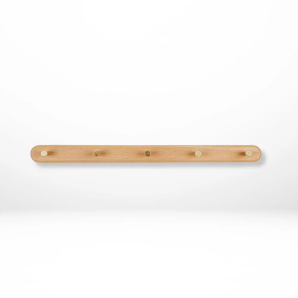 Wall Coat Rack Natural Wood & Solid Brass Hooks