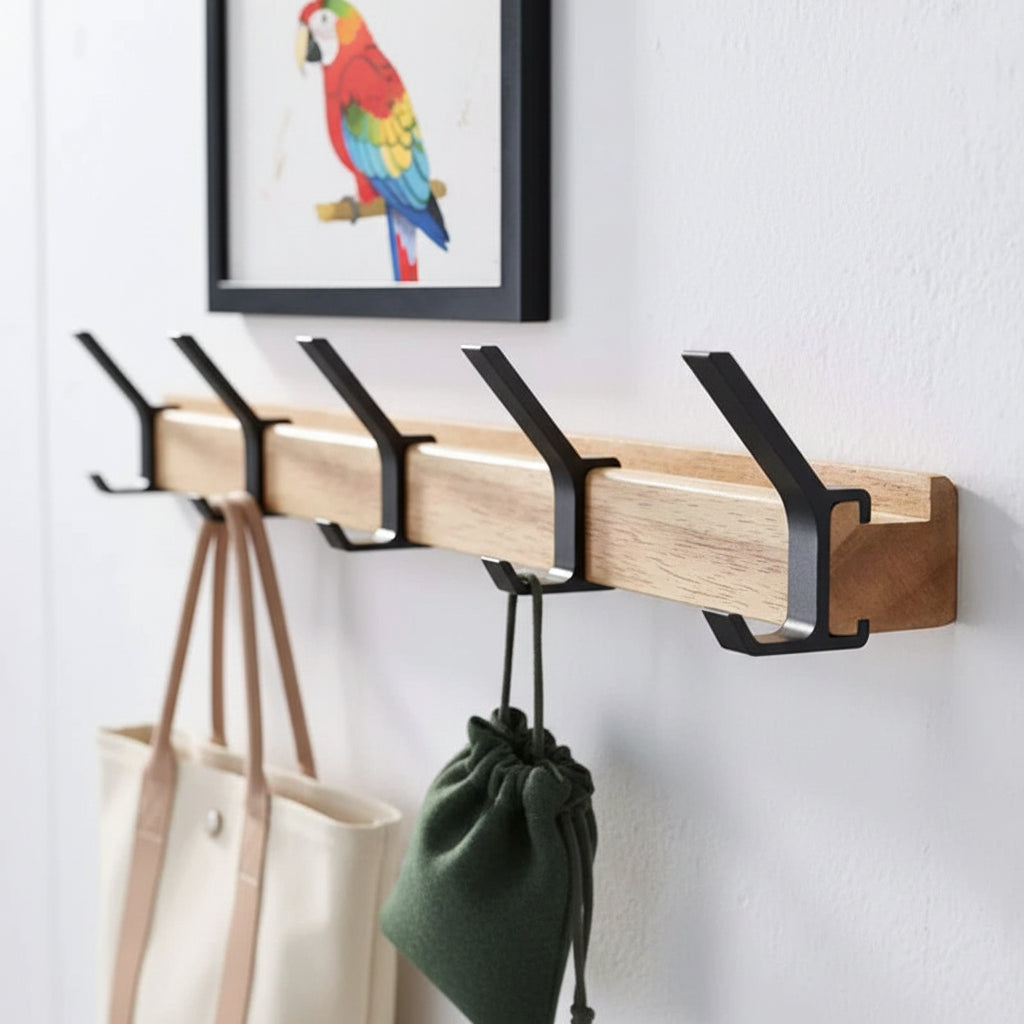 Wall Coat Rack Rubberwood Five Movable Double Hooks