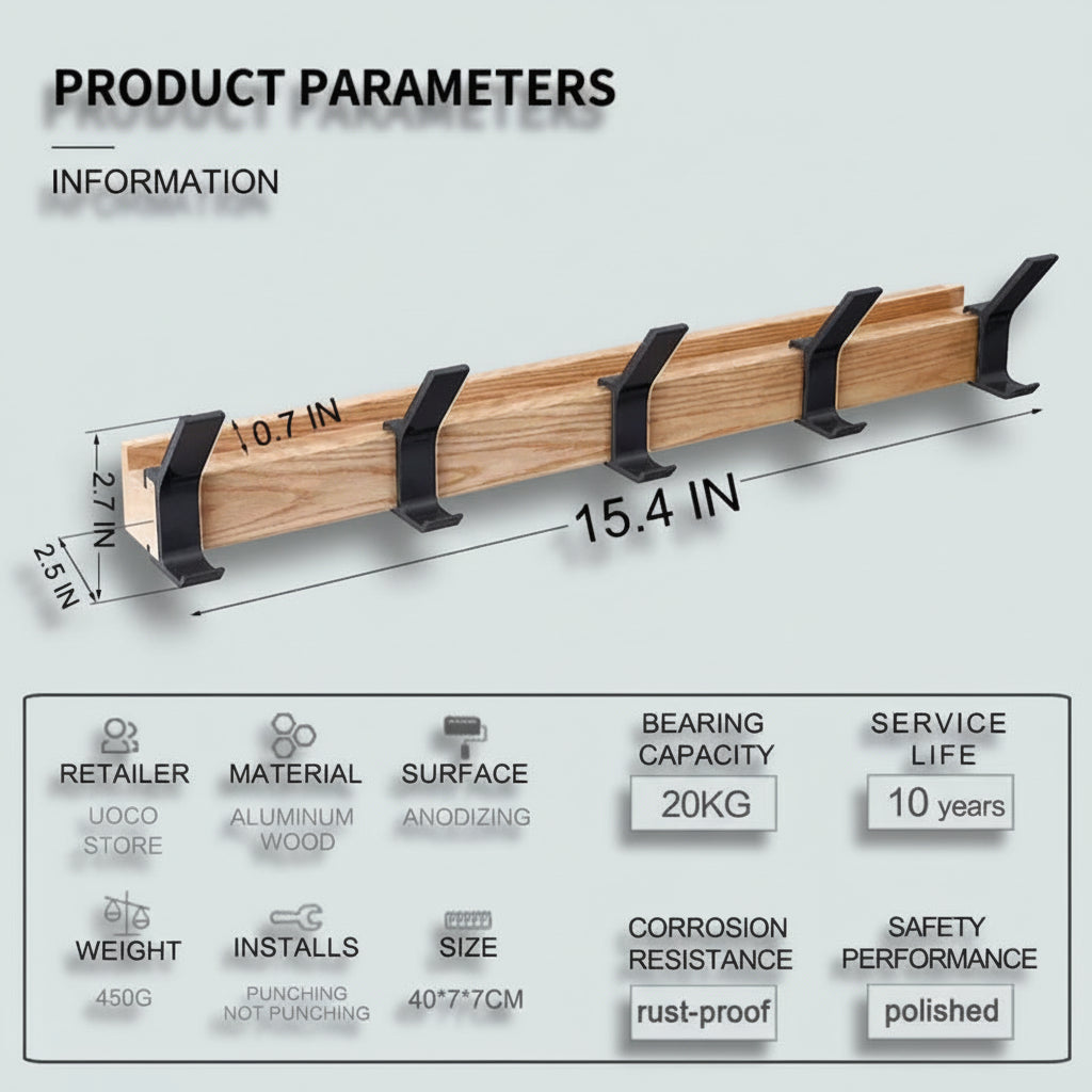 Wall Coat Rack Rubberwood Five Movable Double Hooks