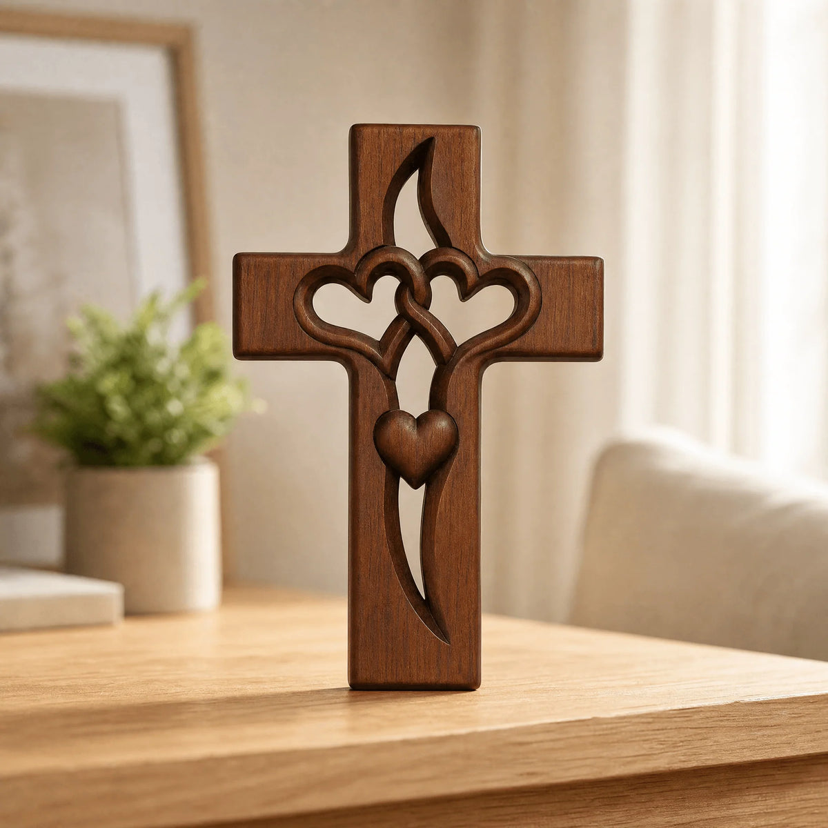 Wall Cross Solid Wood Intertwined Hearts