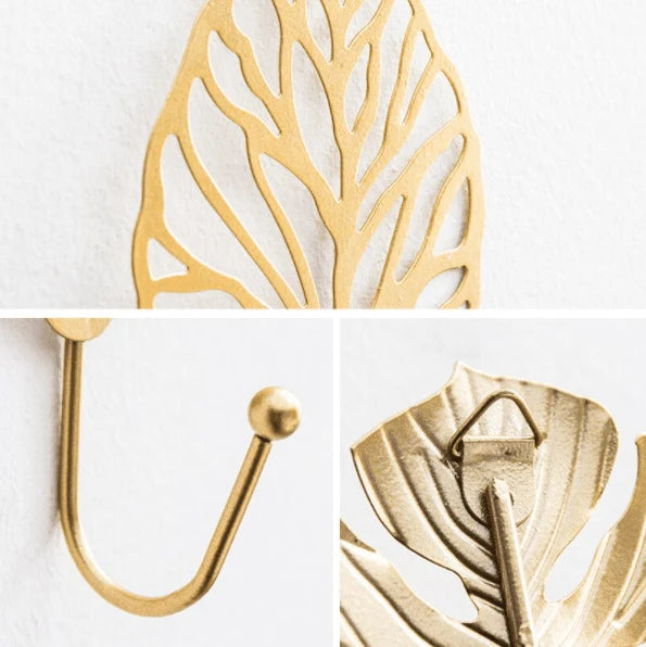 Wall Hook Cast Iron Leaf Design Gold Finish