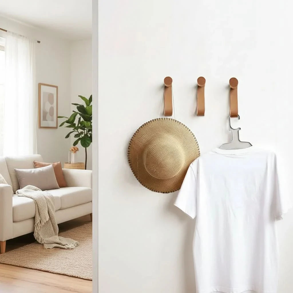 Wall Hook Organizer Leather & Wood Set of 3