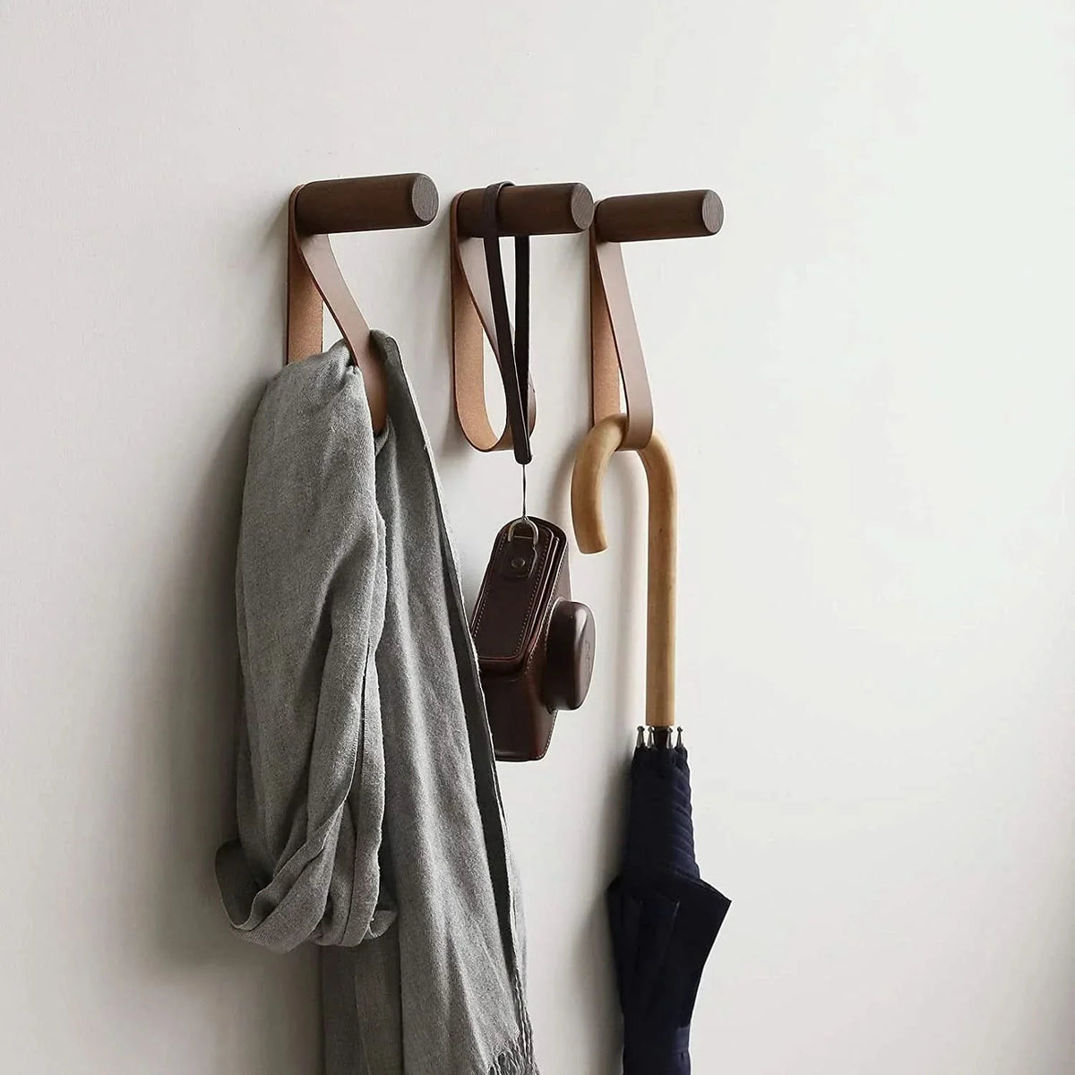 Wall Hook Organizer Leather & Wood Set of 3