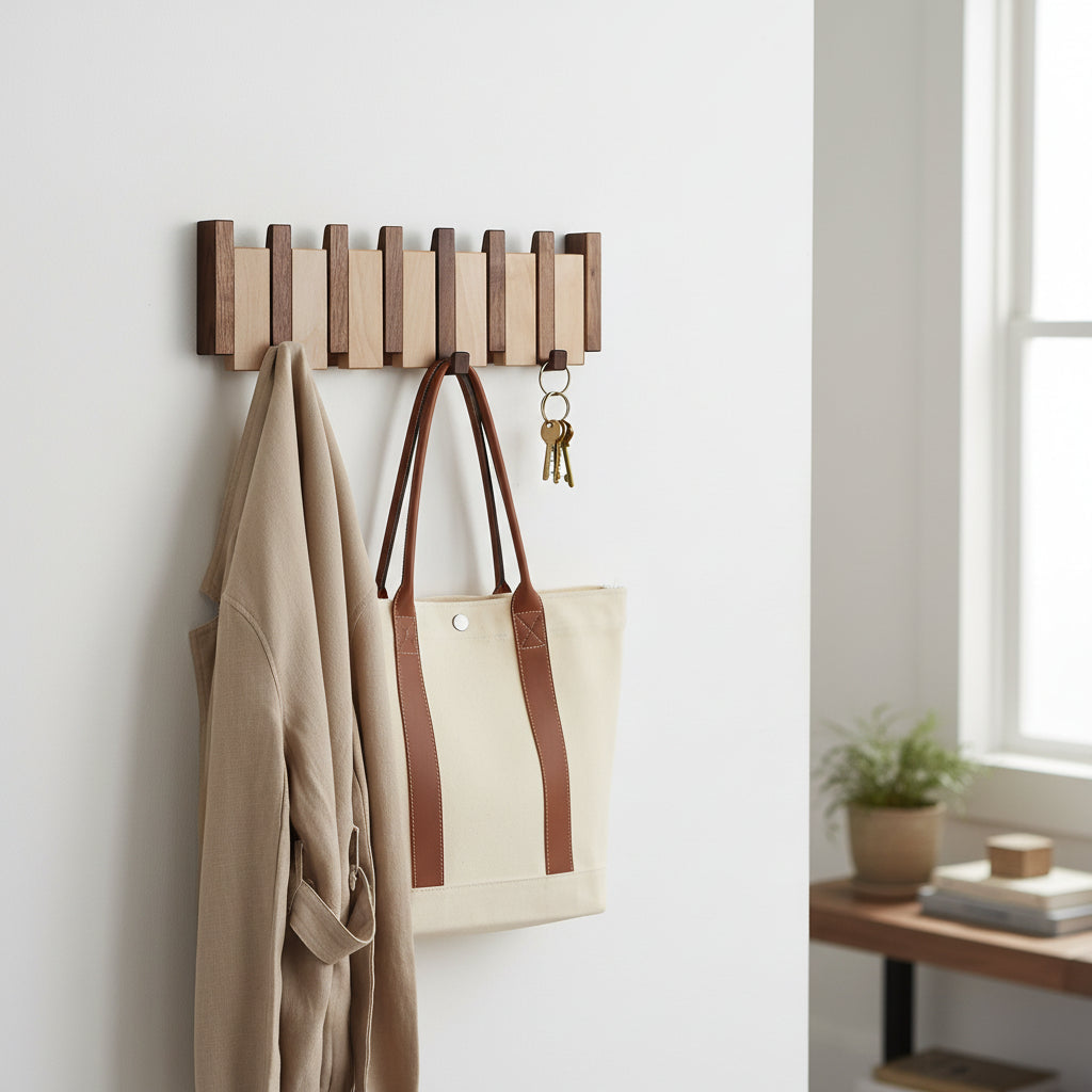 Wall Hook Rack Foldable Space-Saving Walnut & Beech