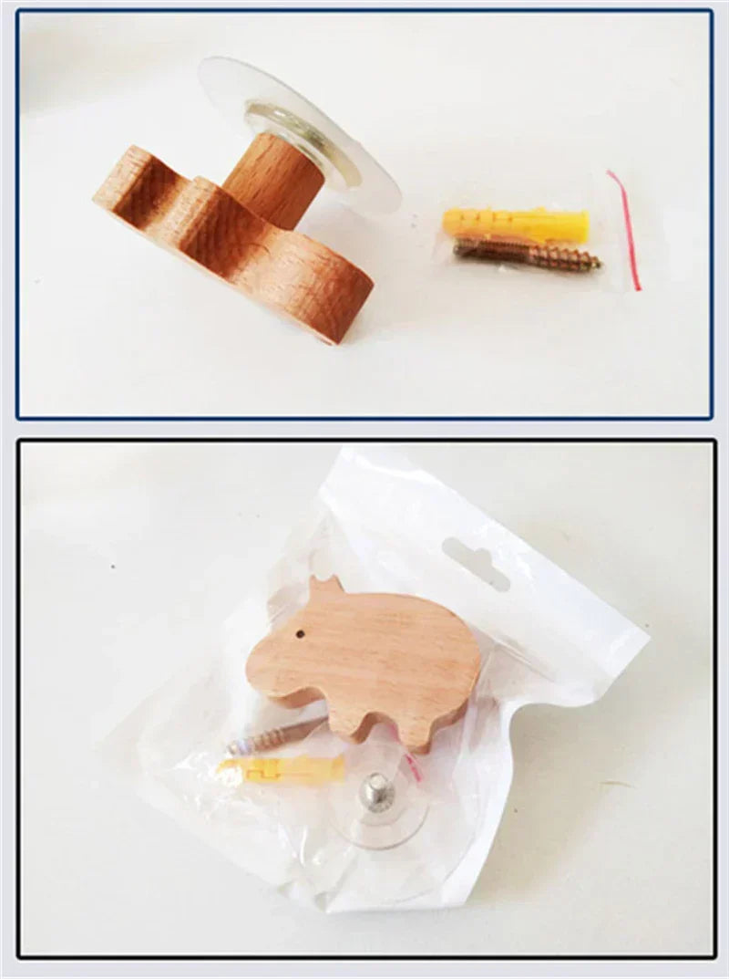 Wall Hook Wooden Animal Self-Adhesive & Screw Mount
