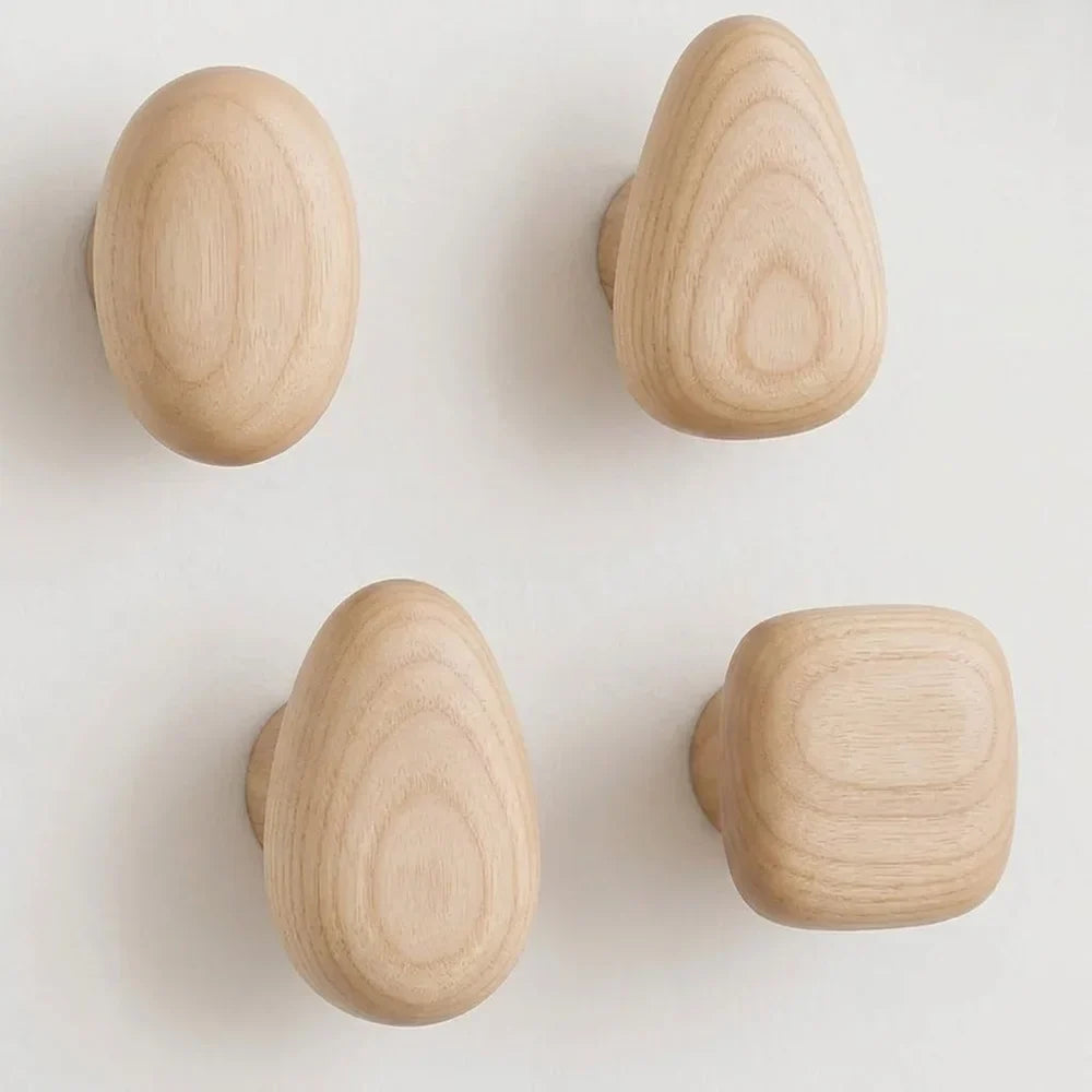 Wall Hooks Set Handmade Pebble-Shaped Solid Wood