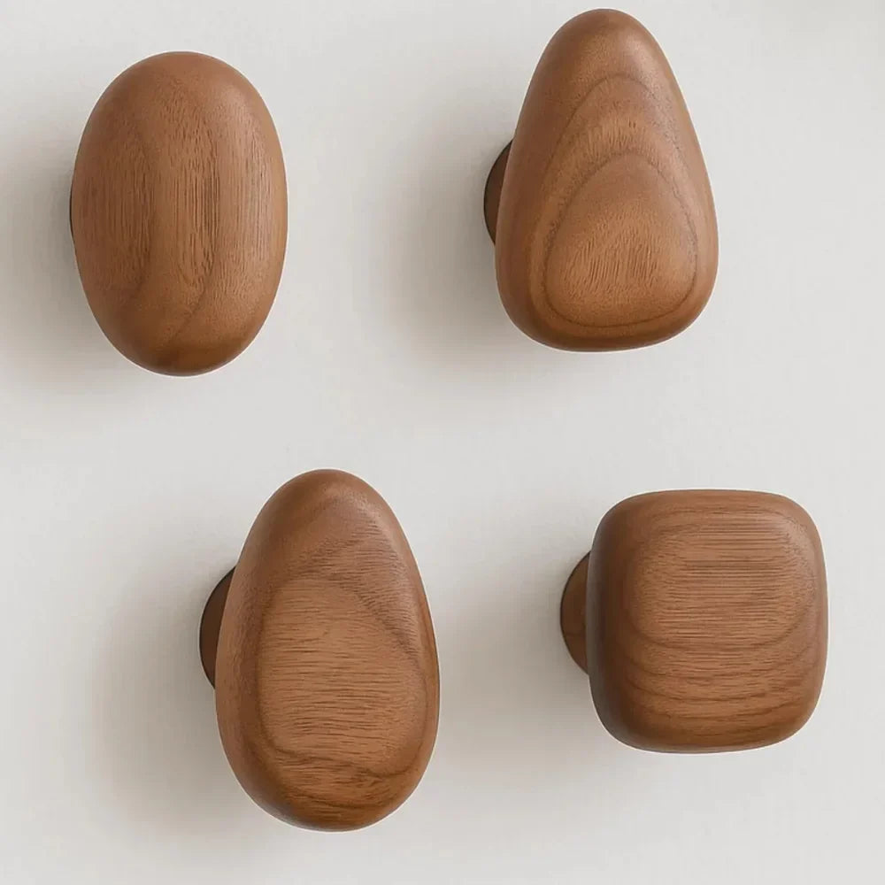 Wall Hooks Set Handmade Pebble-Shaped Solid Wood