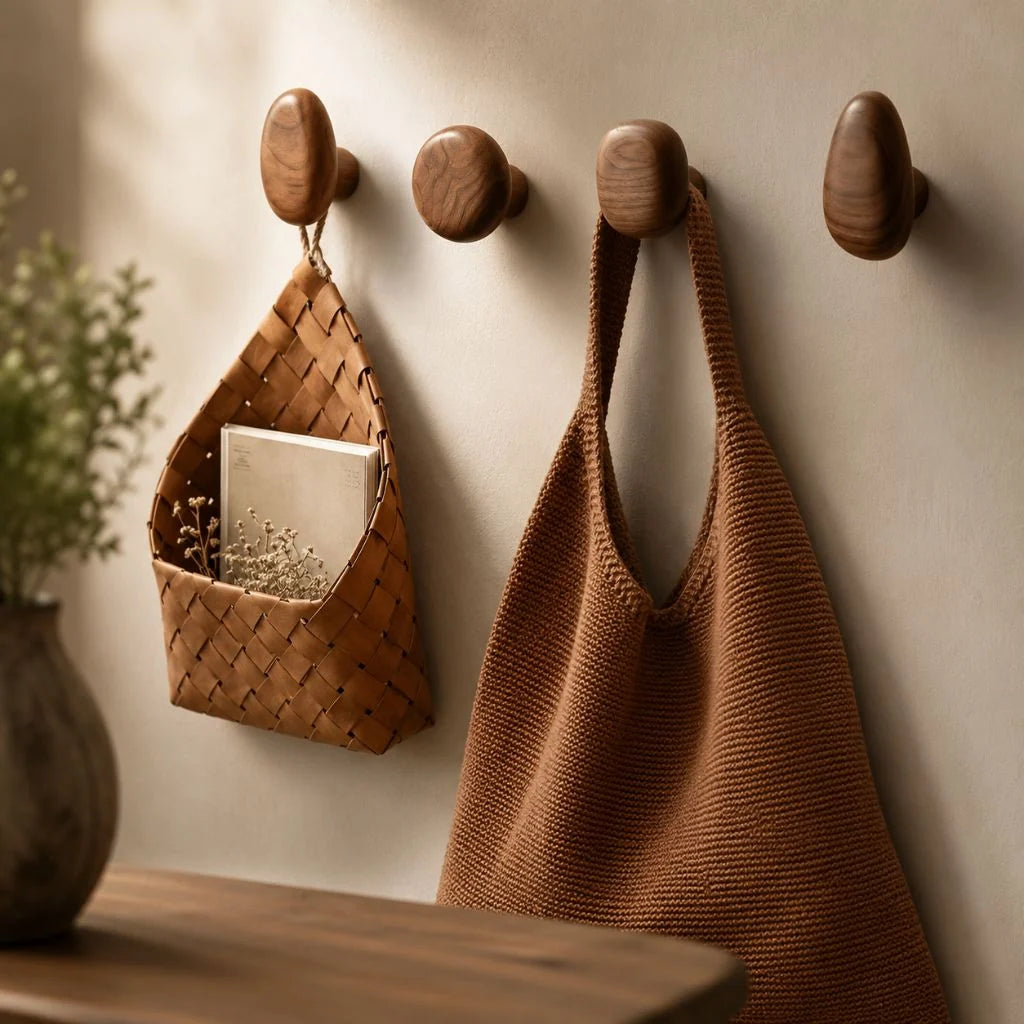 Wall Hooks Set Handmade Pebble-Shaped Solid Wood