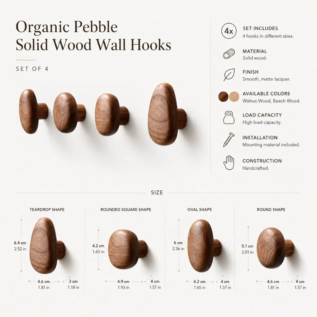Wall Hooks Set Handmade Pebble-Shaped Solid Wood
