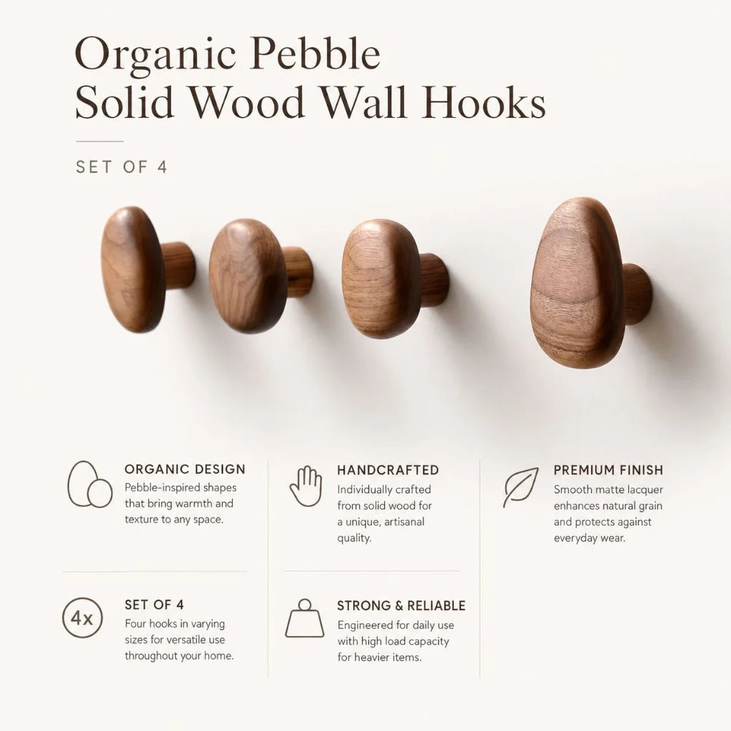 Wall Hooks Set Handmade Pebble-Shaped Solid Wood