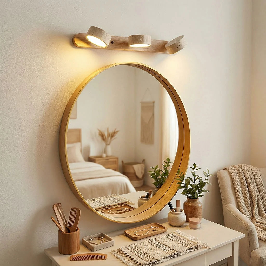 Wall Lamp Adjustable Arms Travertine & Wood Warm-White LED