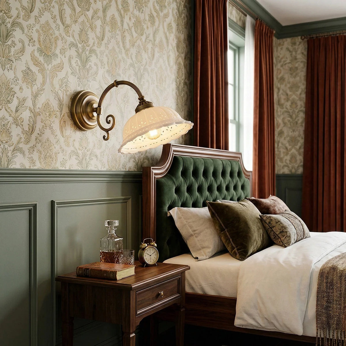 Wall Lamp Antique Brass & White Ceramic Openwork