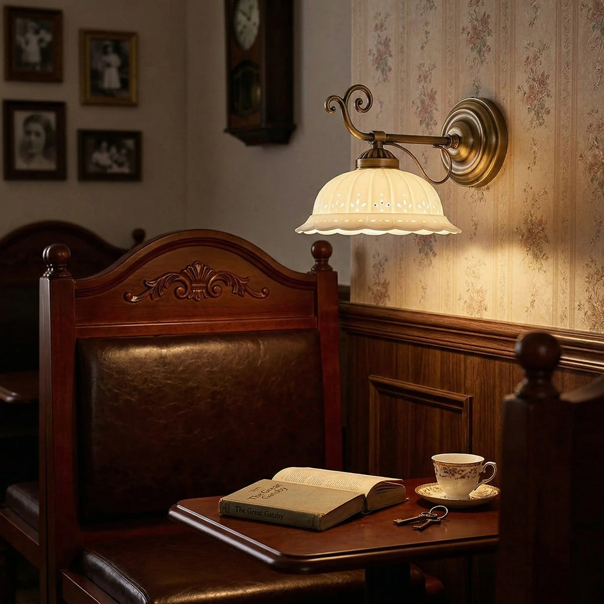 Wall Lamp Antique Brass & White Ceramic Openwork