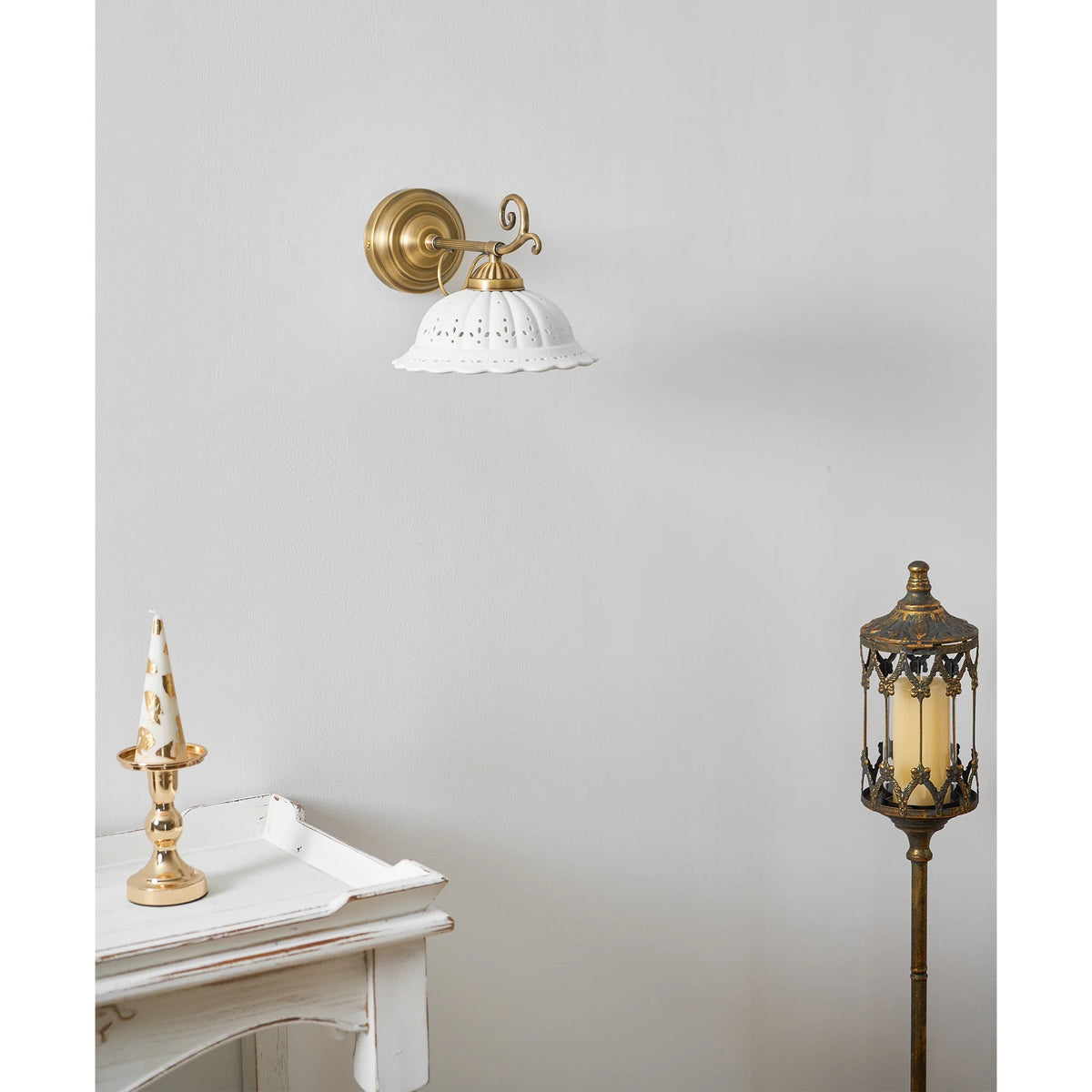 Wall Lamp Antique Brass & White Ceramic Openwork