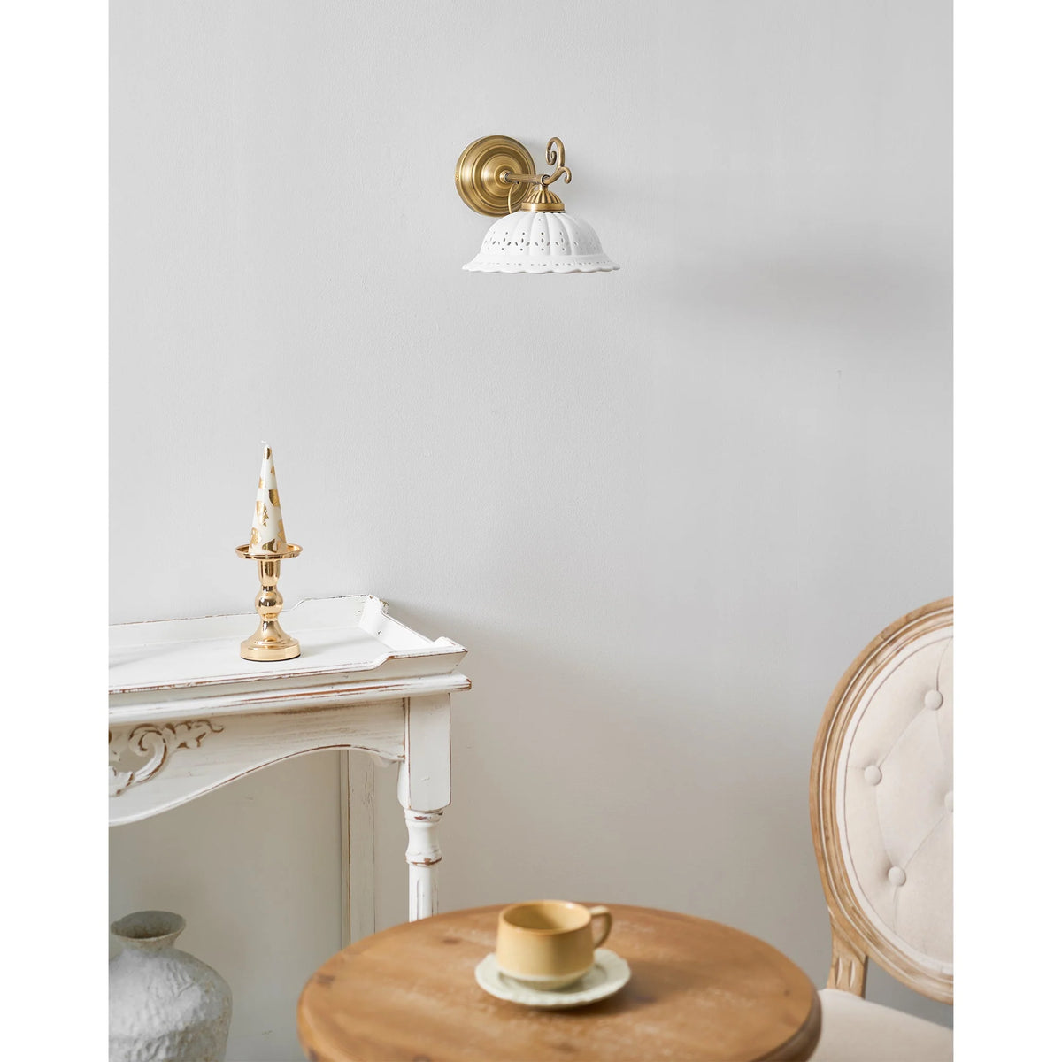 Wall Lamp Antique Brass & White Ceramic Openwork