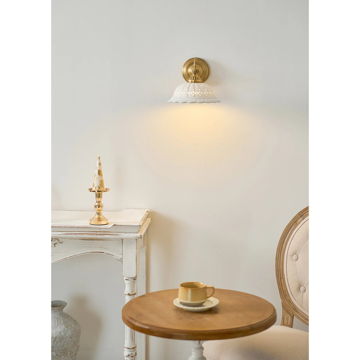 Wall Lamp Antique Brass & White Ceramic Openwork