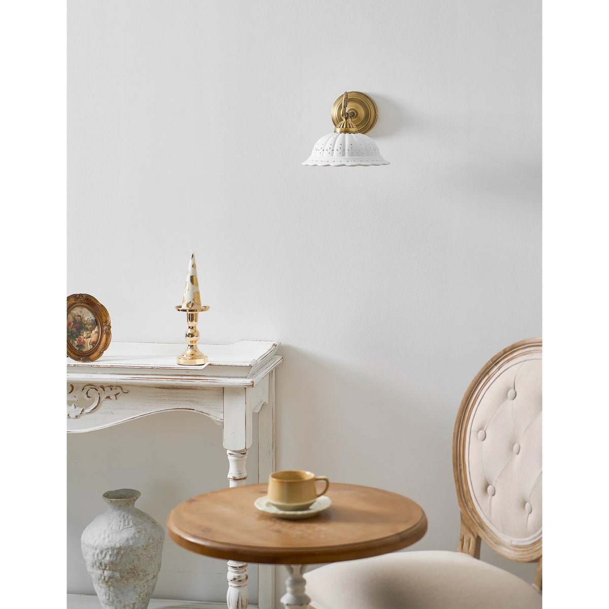 Wall Lamp Antique Brass & White Ceramic Openwork