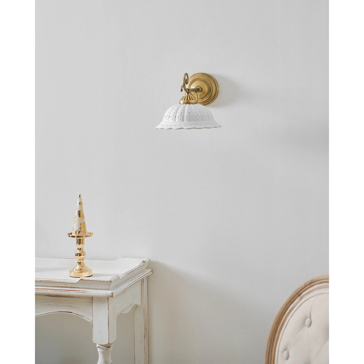 Wall Lamp Antique Brass & White Ceramic Openwork