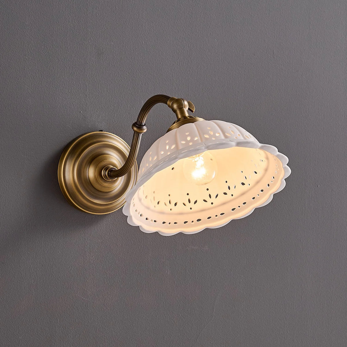 Wall Lamp Antique Brass & White Ceramic Openwork