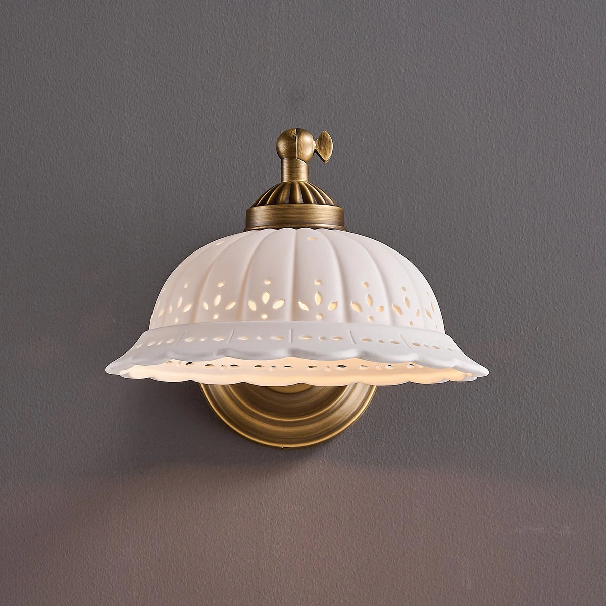 Wall Lamp Antique Brass & White Ceramic Openwork