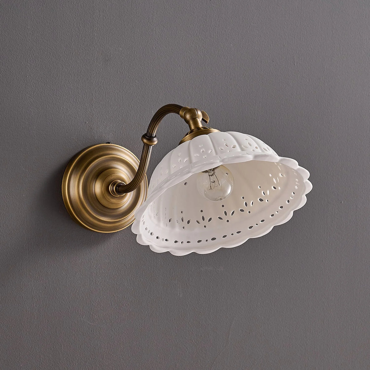 Wall Lamp Antique Brass & White Ceramic Openwork