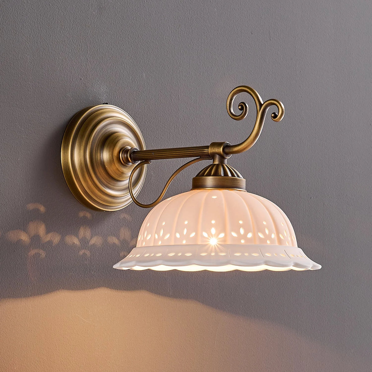Wall Lamp Antique Brass & White Ceramic Openwork