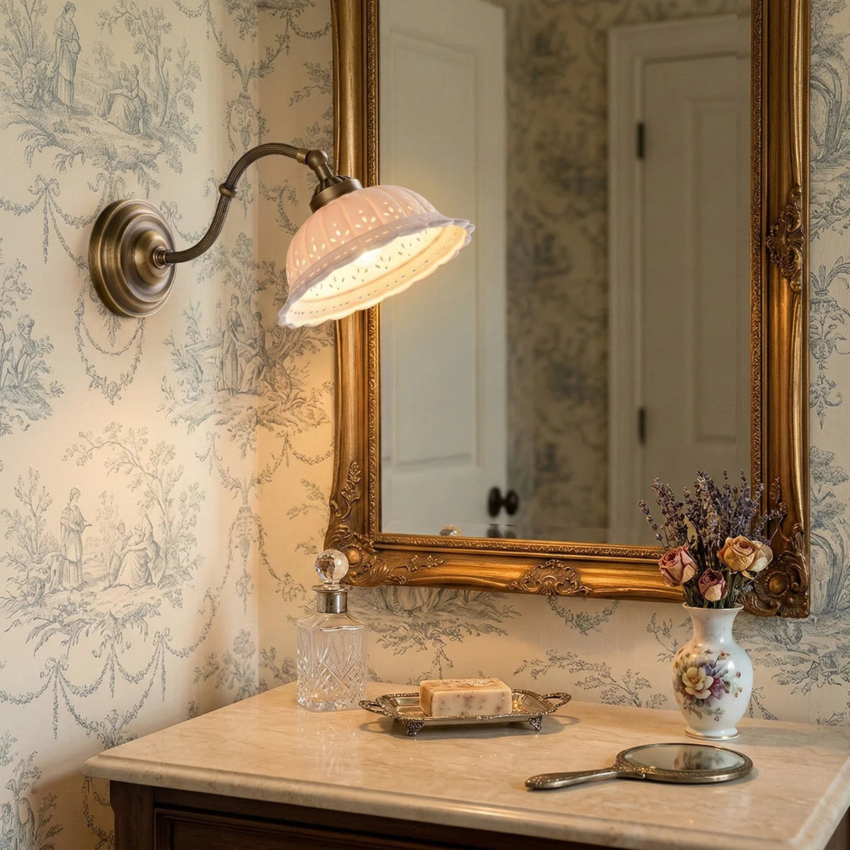 Wall Lamp Antique Brass & White Ceramic Openwork