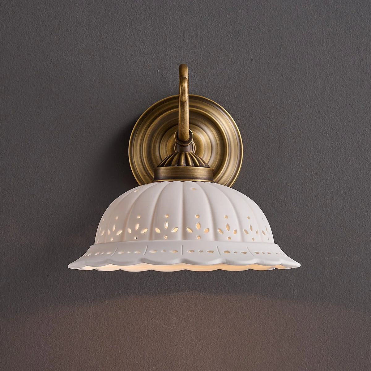 Wall Lamp Antique Brass & White Ceramic Openwork