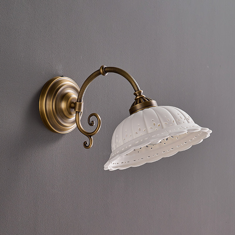 Wall Lamp Antique Brass & White Ceramic Openwork