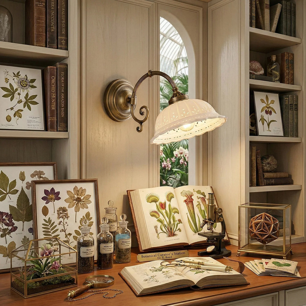Wall Lamp Antique Brass & White Ceramic Openwork