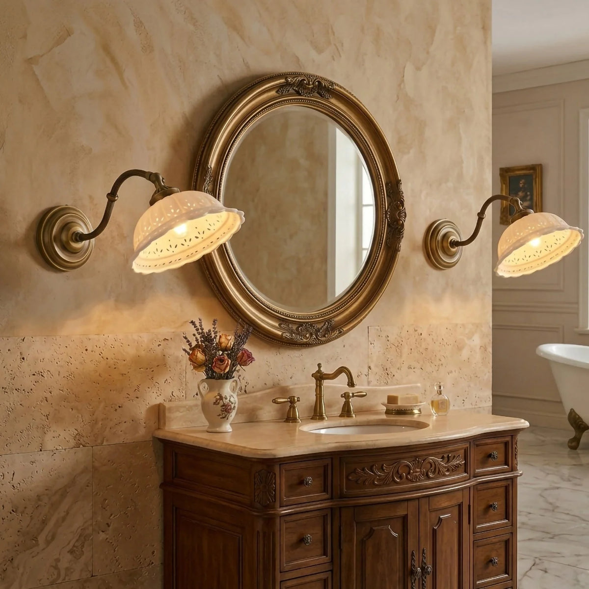 Wall Lamp Antique Brass & White Ceramic Openwork