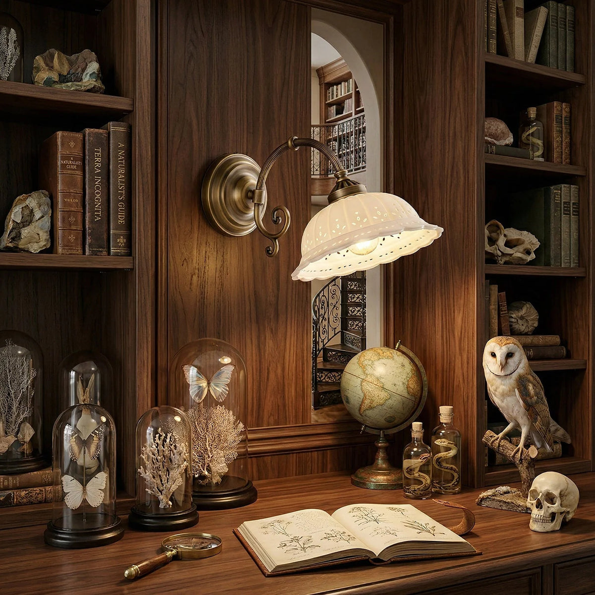 Wall Lamp Antique Brass & White Ceramic Openwork