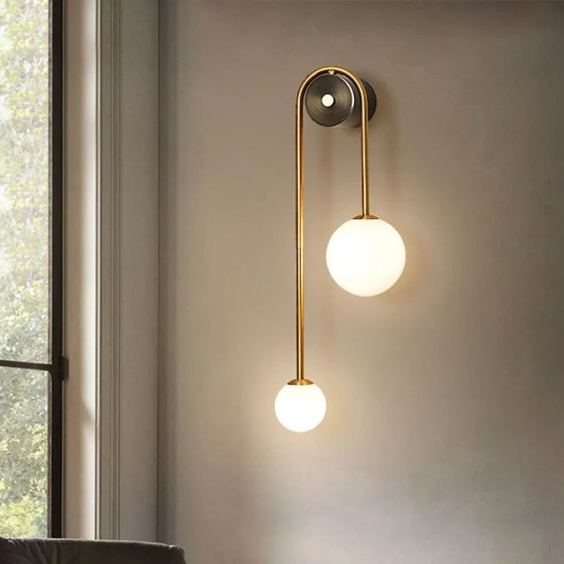 Wall Lamp Curved Arc Double Opal Globes Brass Finish