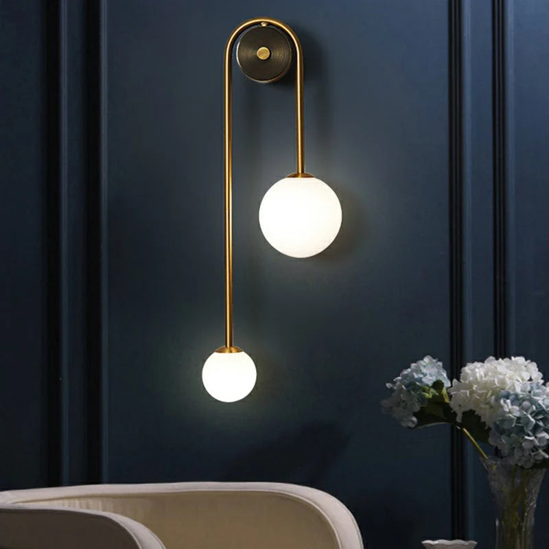 Wall Lamp Curved Arc Double Opal Globes Brass Finish