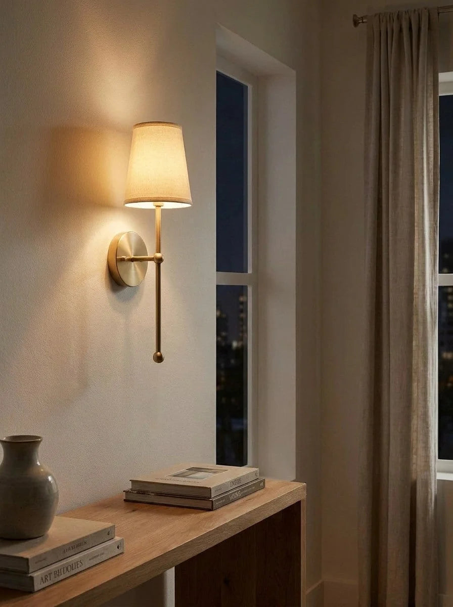 Wall Lamp Fabric Shade Rustic Brass Finish