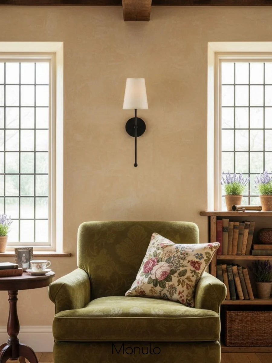 Wall Lamp Fabric Shade Rustic Brass Finish