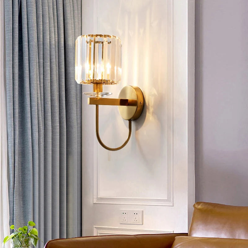 Wall Lamp Gold Finish Curved Arm Crystal Shade