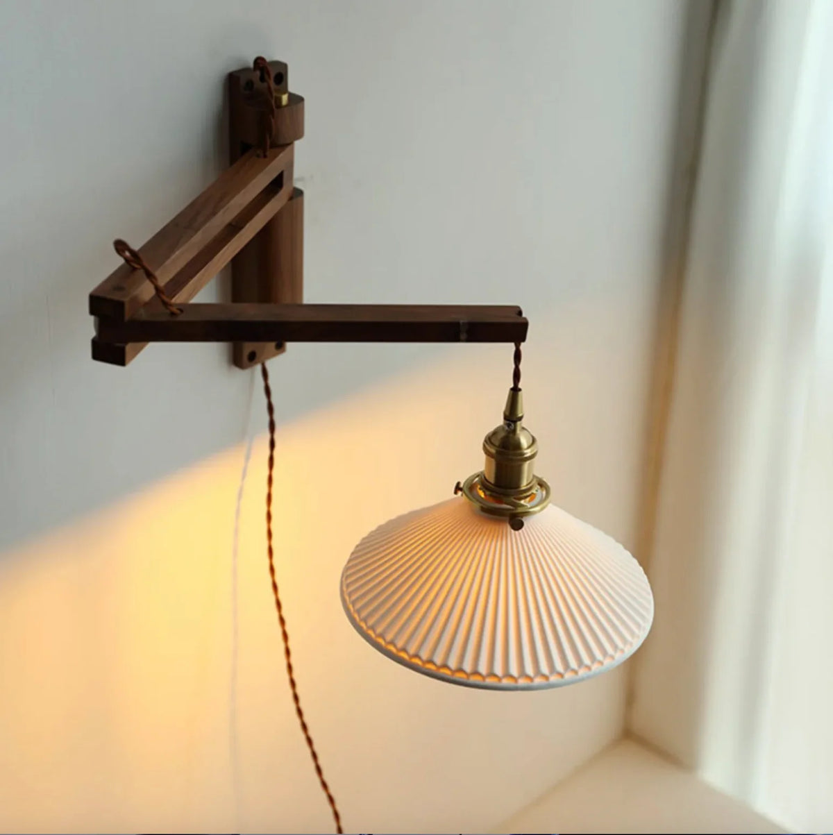 Wall Lamp Plug-In Adjustable Wood Arm & Ceramic Shade