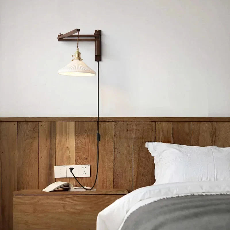Wall Lamp Plug-In Adjustable Wood Arm & Ceramic Shade