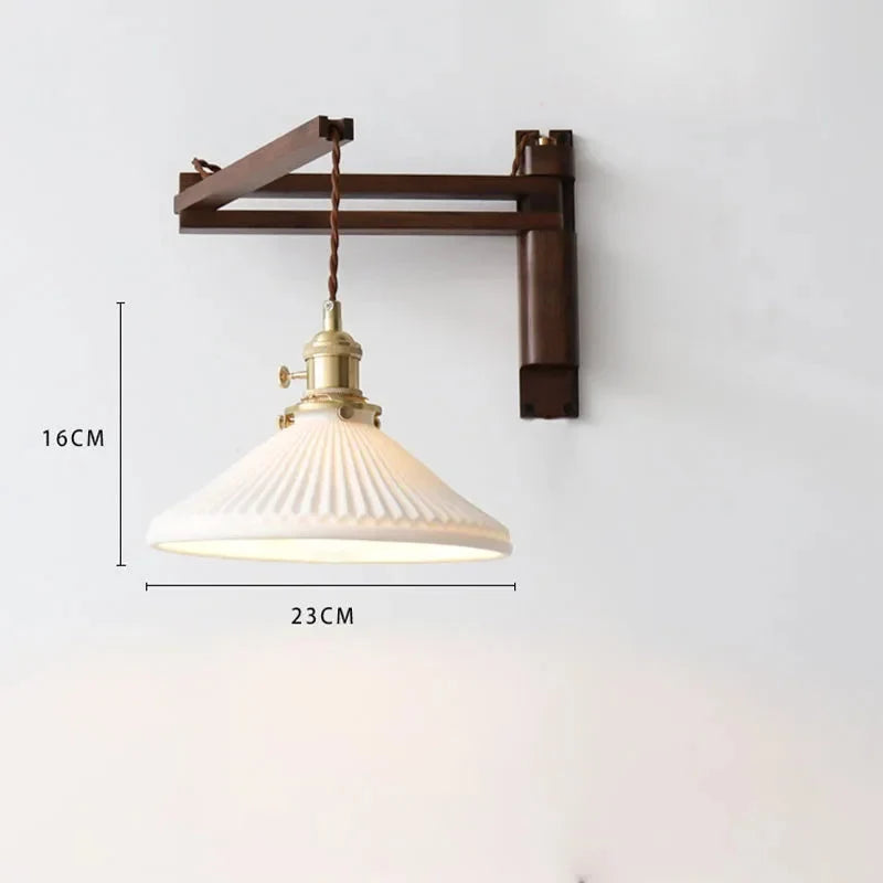 Wall Lamp Plug-In Adjustable Wood Arm & Ceramic Shade