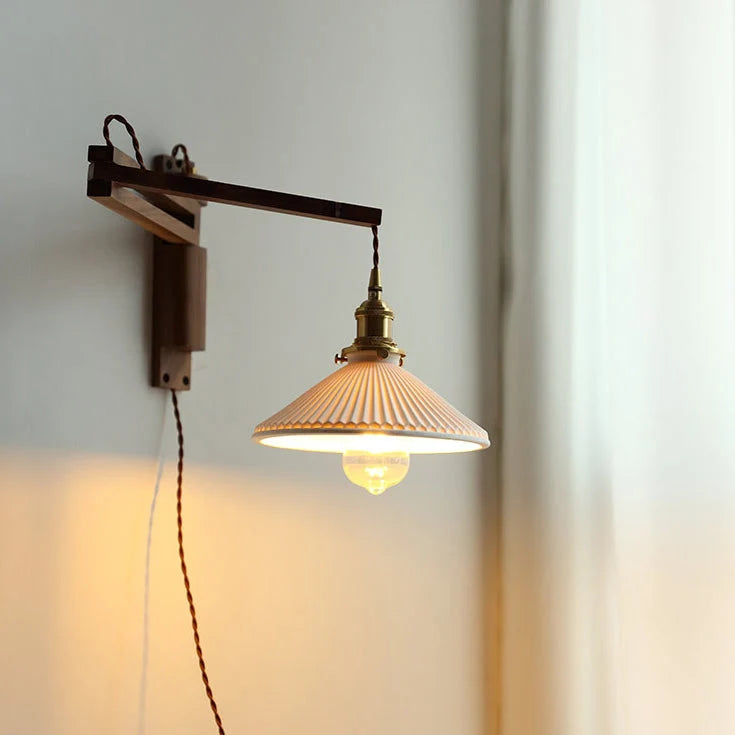 Wall Lamp Plug-In Adjustable Wood Arm & Ceramic Shade
