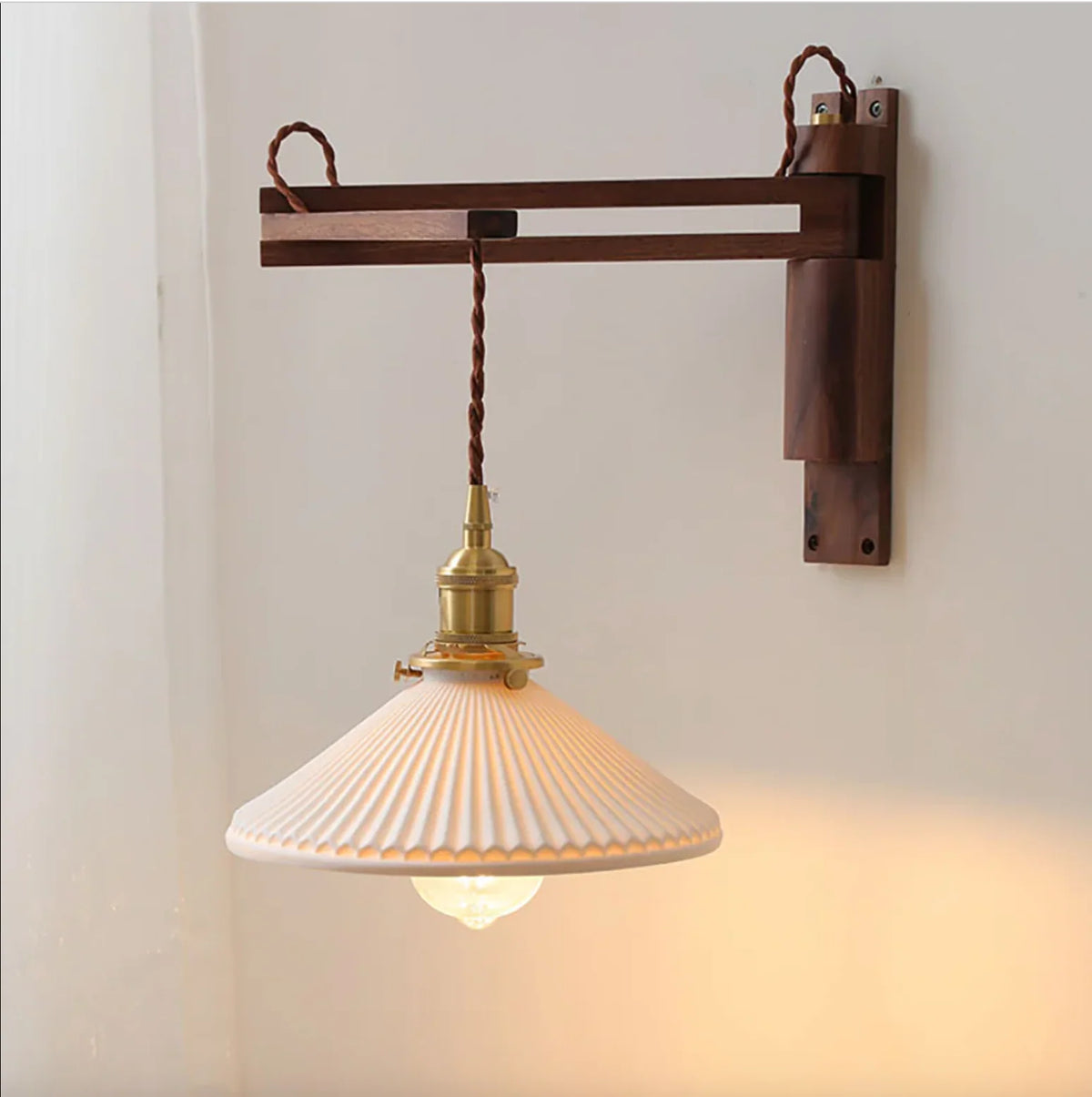 Wall Lamp Plug-In Adjustable Wood Arm & Ceramic Shade