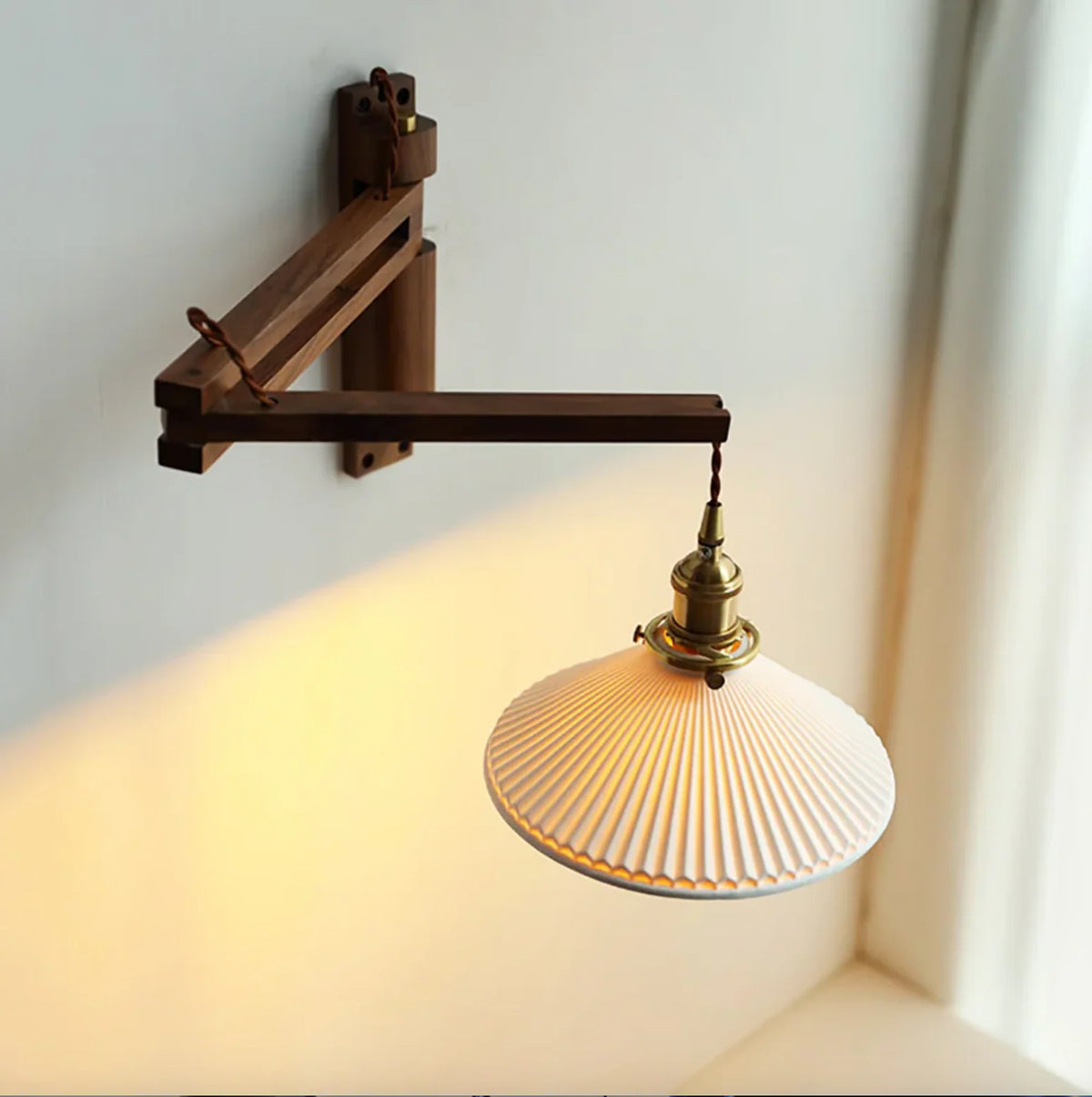 Wall Lamp Plug-In Adjustable Wood Arm & Ceramic Shade