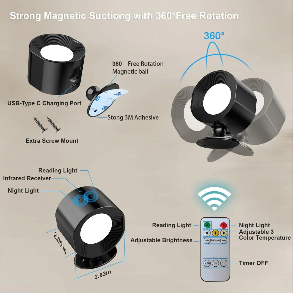 Wall Lamp Rechargeable Magnetic 360° Rotating