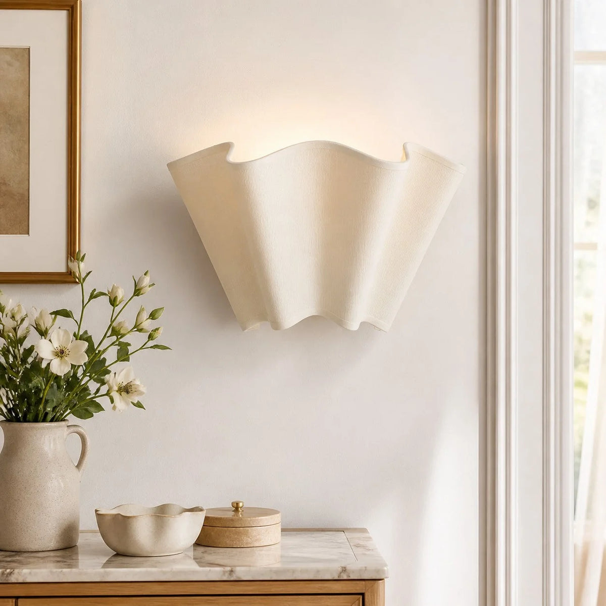 Wall Lamp Scalloped Linen Shade Hardwired & Plug-In