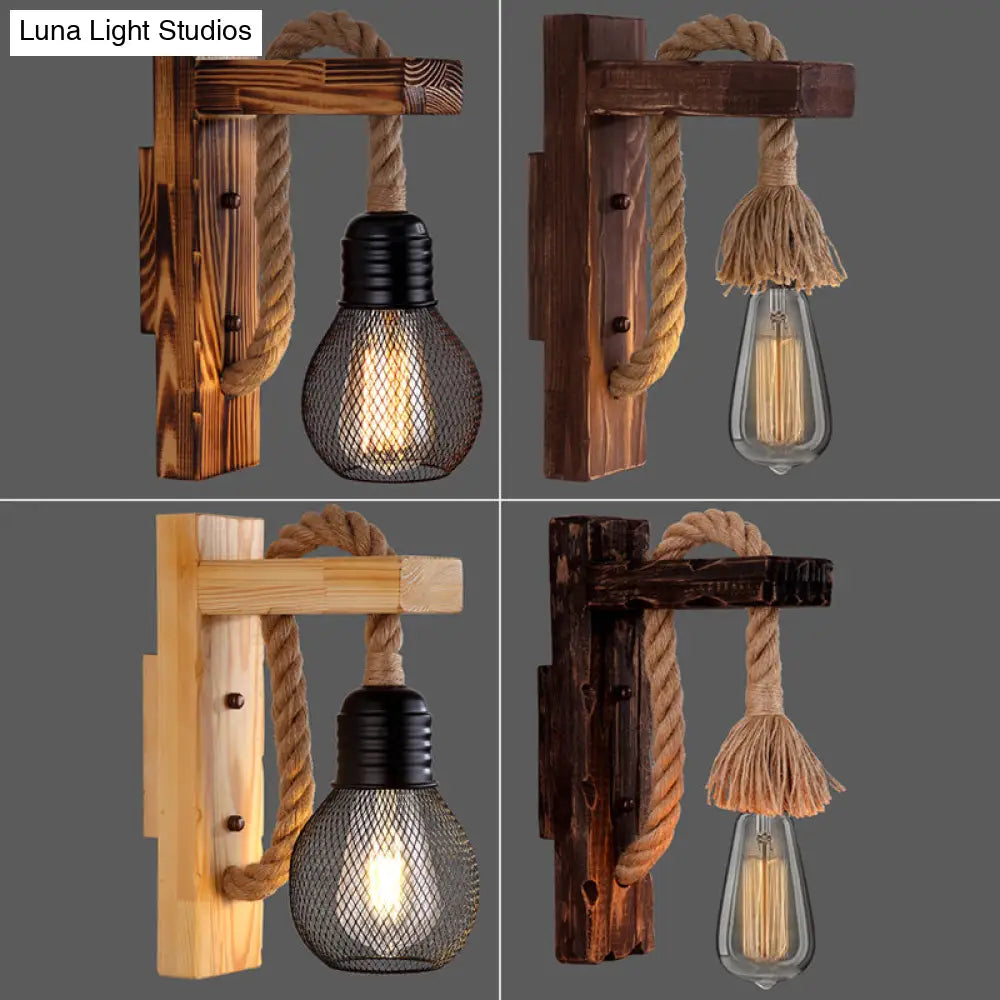 Wall Lamp Scandinavian Wood & Metal Rope Arm