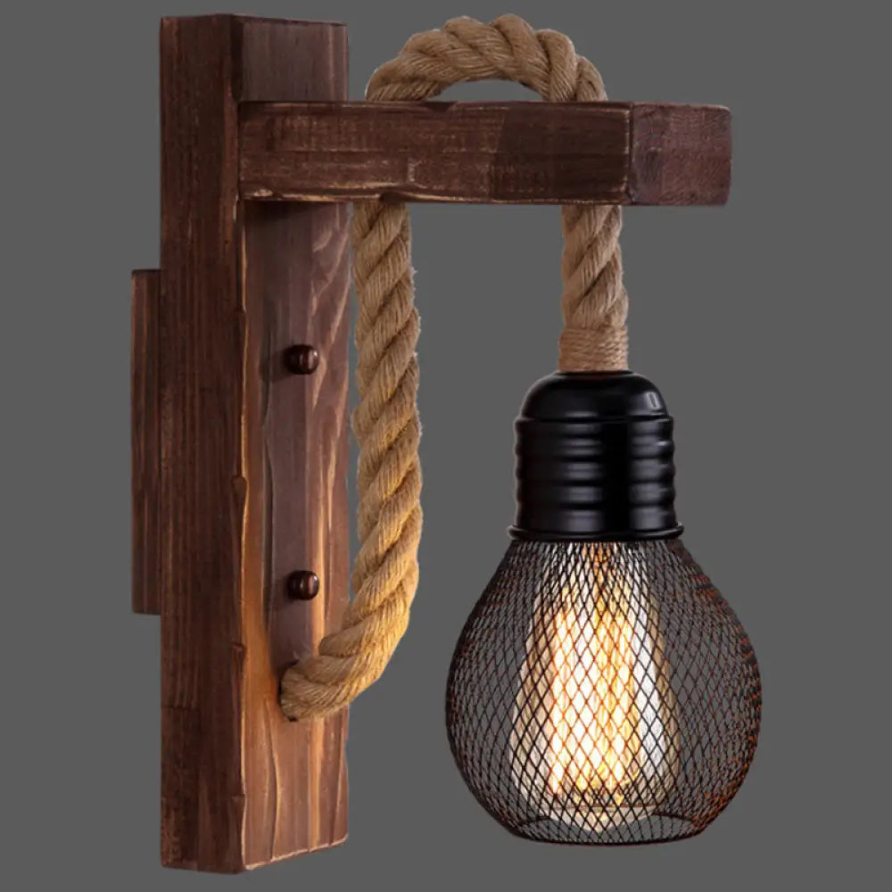 Wall Lamp Scandinavian Wood & Metal Rope Arm