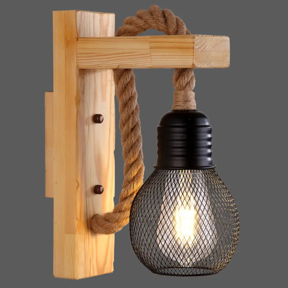 Wall Lamp Scandinavian Wood & Metal Rope Arm